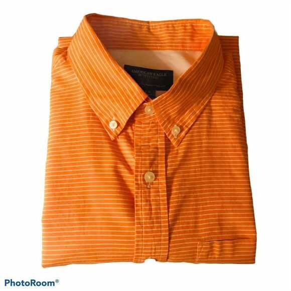 American Eagle Men's Athletic Fit‎ Button Up Orange White Striped Shirt Size L - Picture 5 of 12